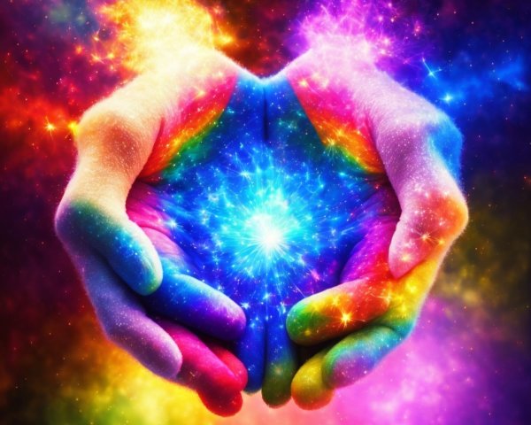 Hands Cradling a Colorful Cosmic Orb in Nebula Background