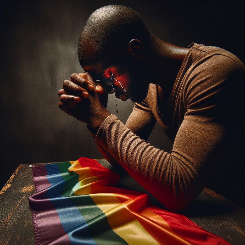 Man in Contemplation with Pride Flag and Tears
