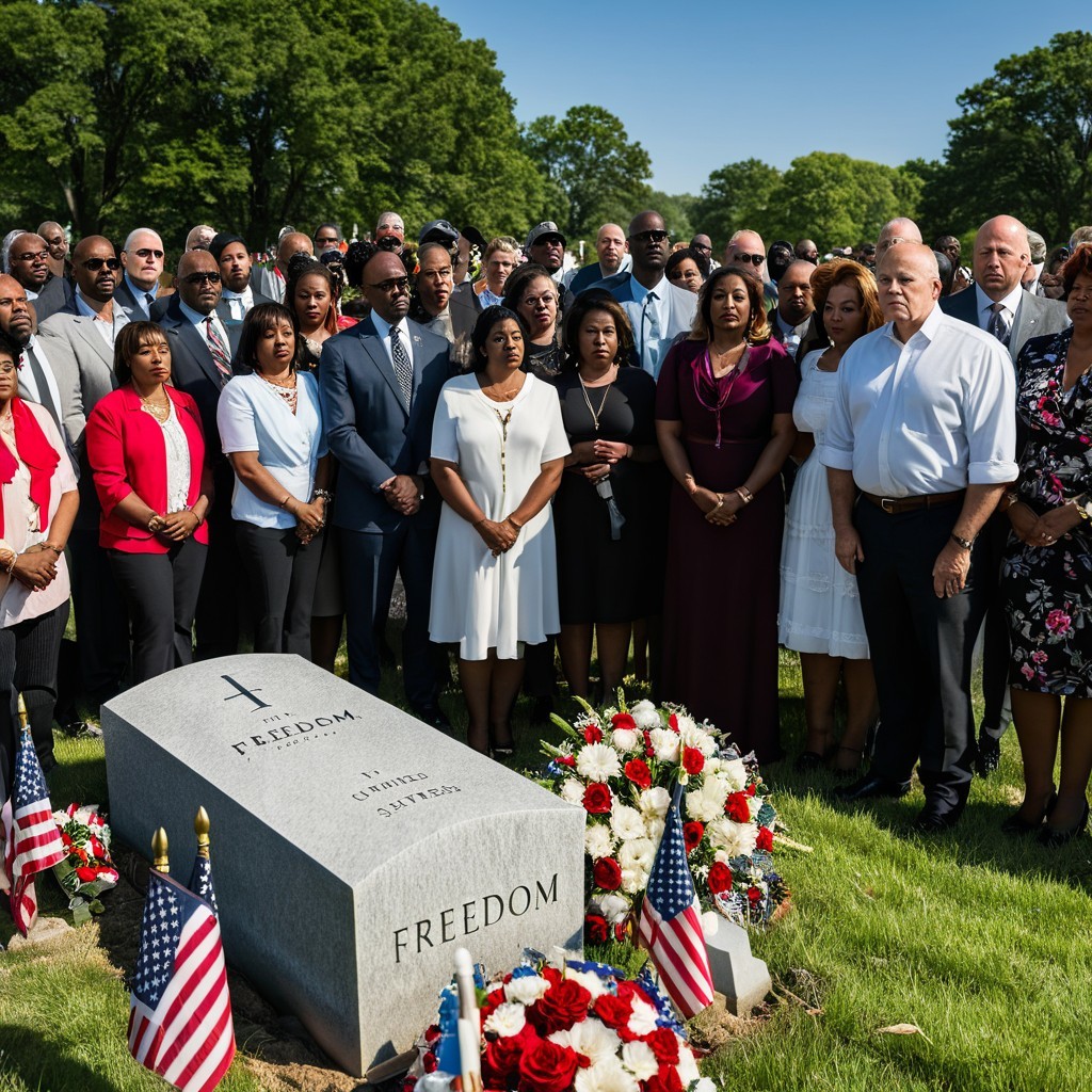 Ceremony at Gravestone Marked "FREEDOM" with Attendees