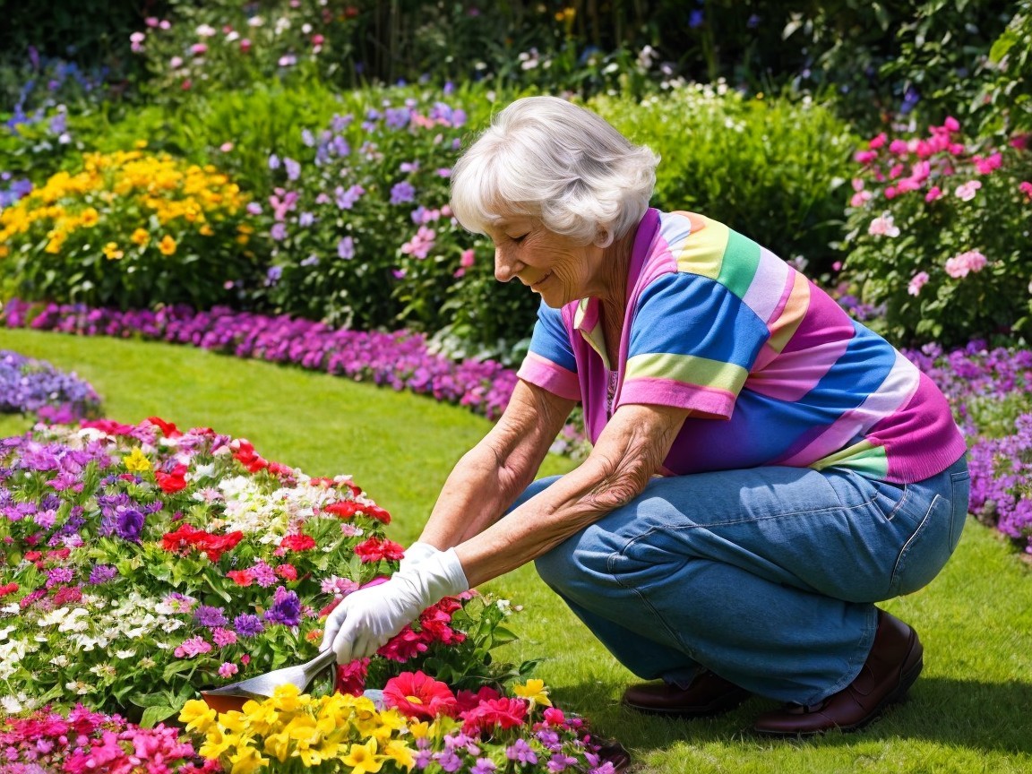 Elderly Woman Tending a Colorful Flower Garden