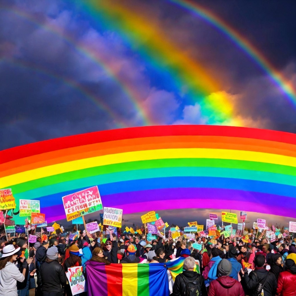 Diverse Crowd at LGBTQ+ Rights Rally with Rainbows