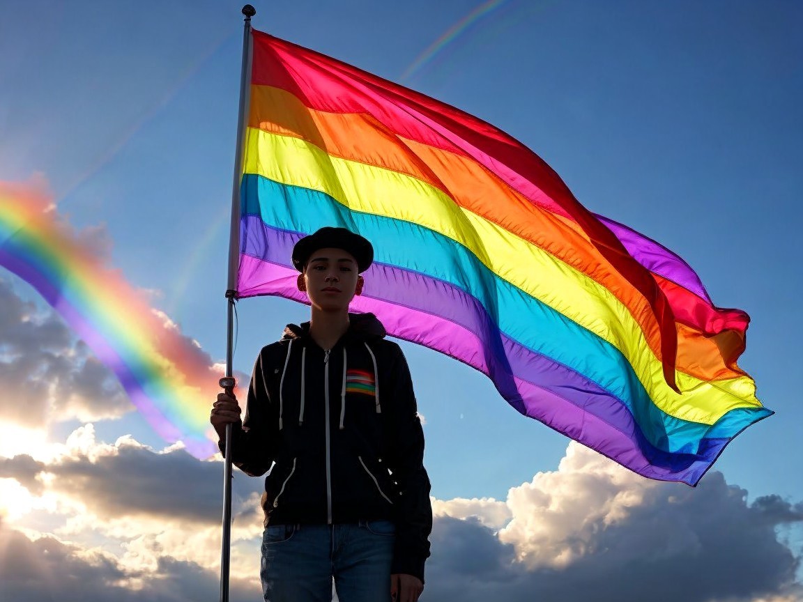 Person with rainbow flag against vibrant clouds and rainbow