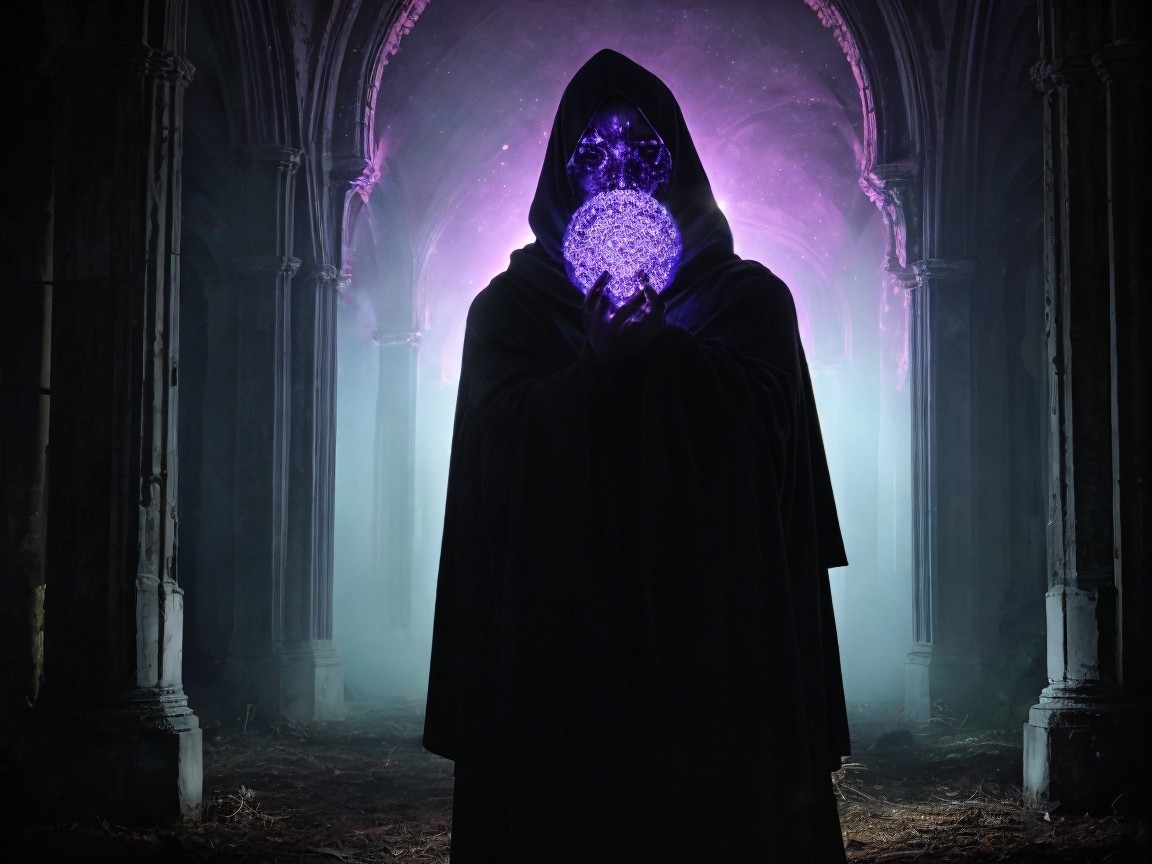 Mysterious figure in hooded robe with glowing orb