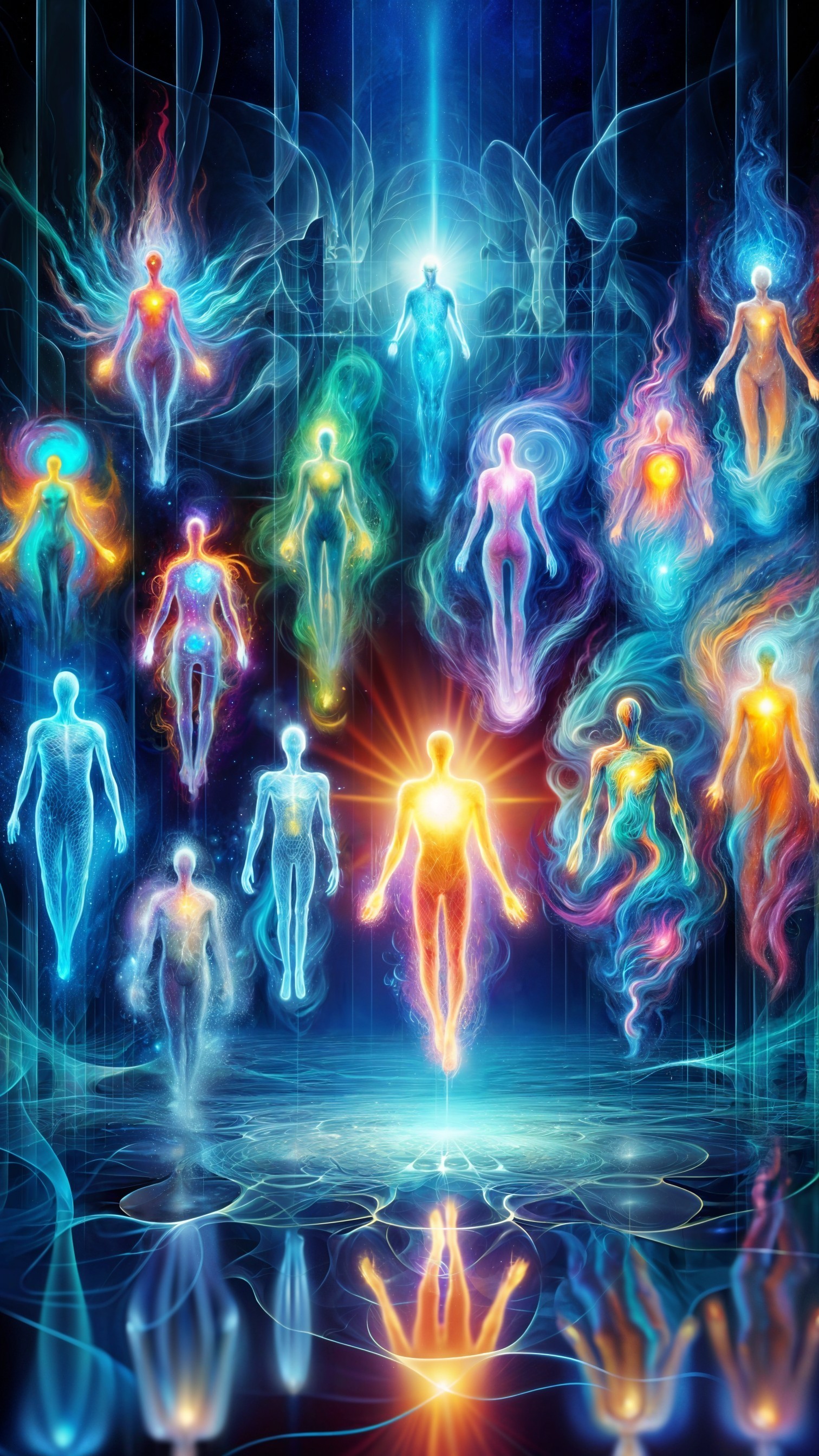 Translucent Glowing Figures in Ethereal Cosmic Scene