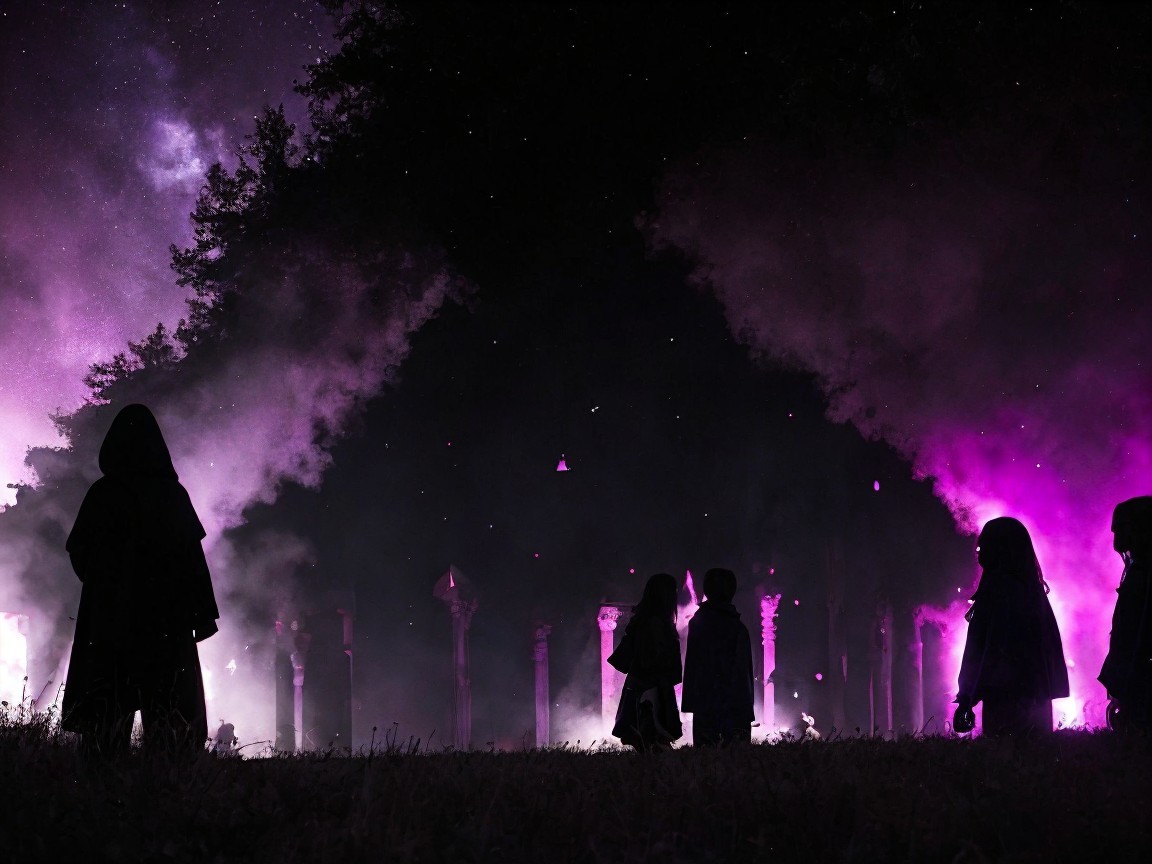 Silhouetted Hooded Figures Against Purple Smoke and Ruins