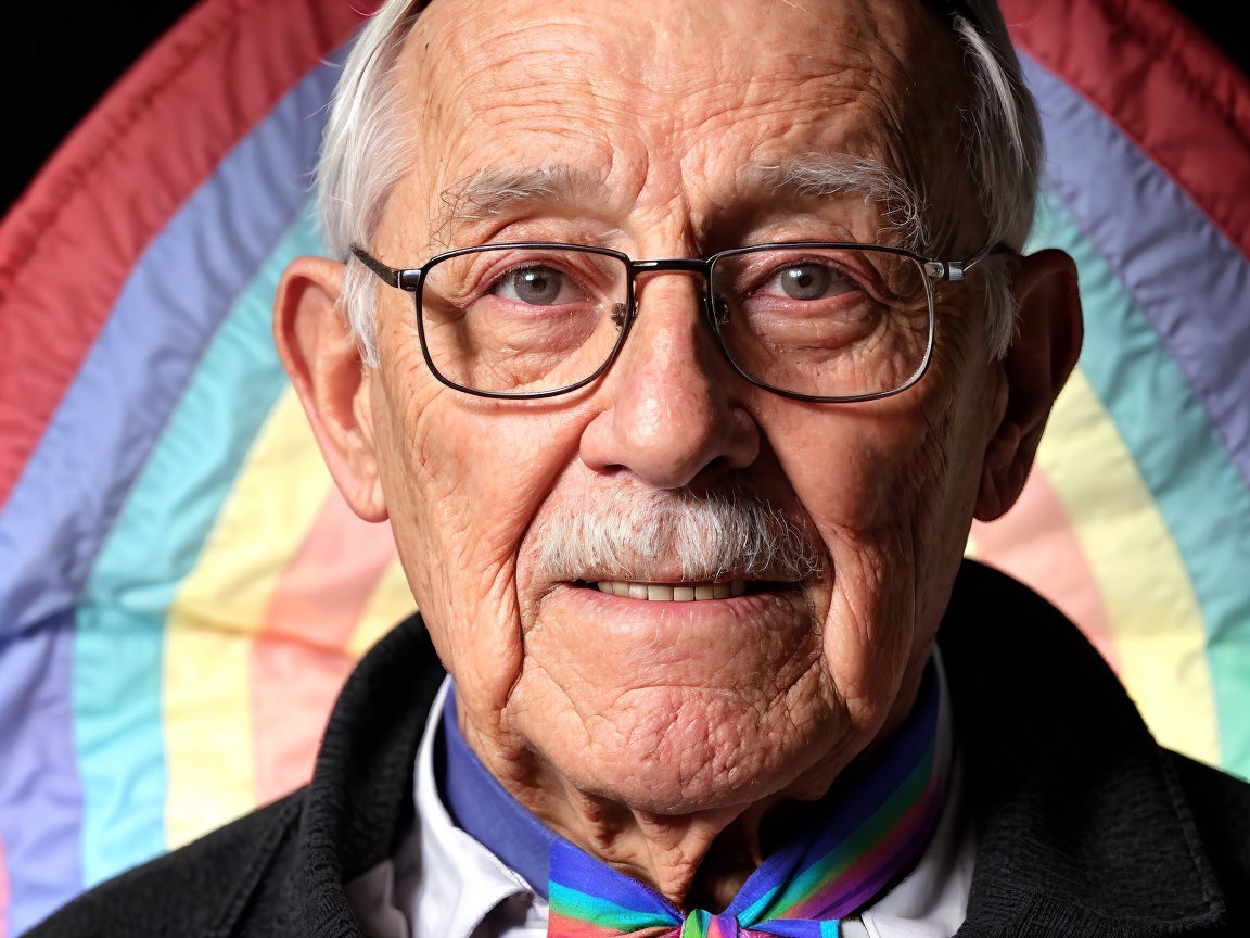 Elderly man in glasses with rainbow backdrop and scarf