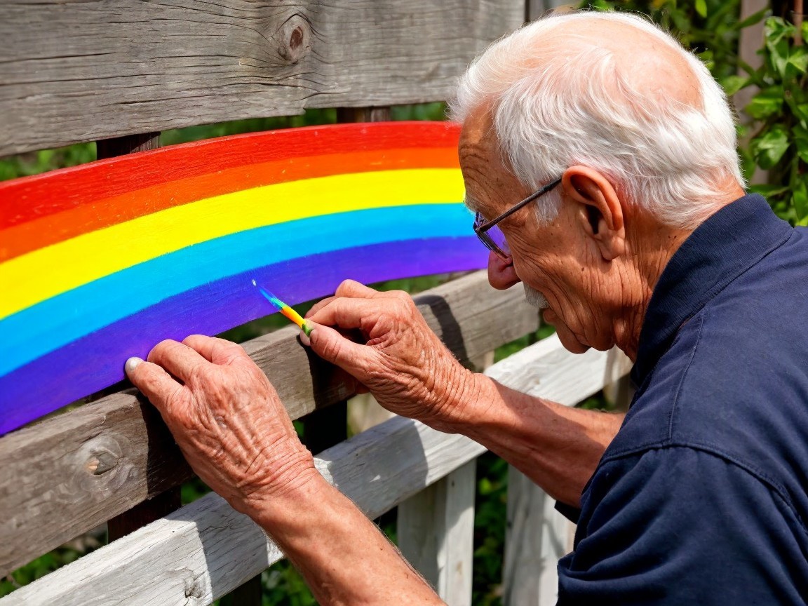 Elderly Man Painting a Rainbow on a Wooden Fence