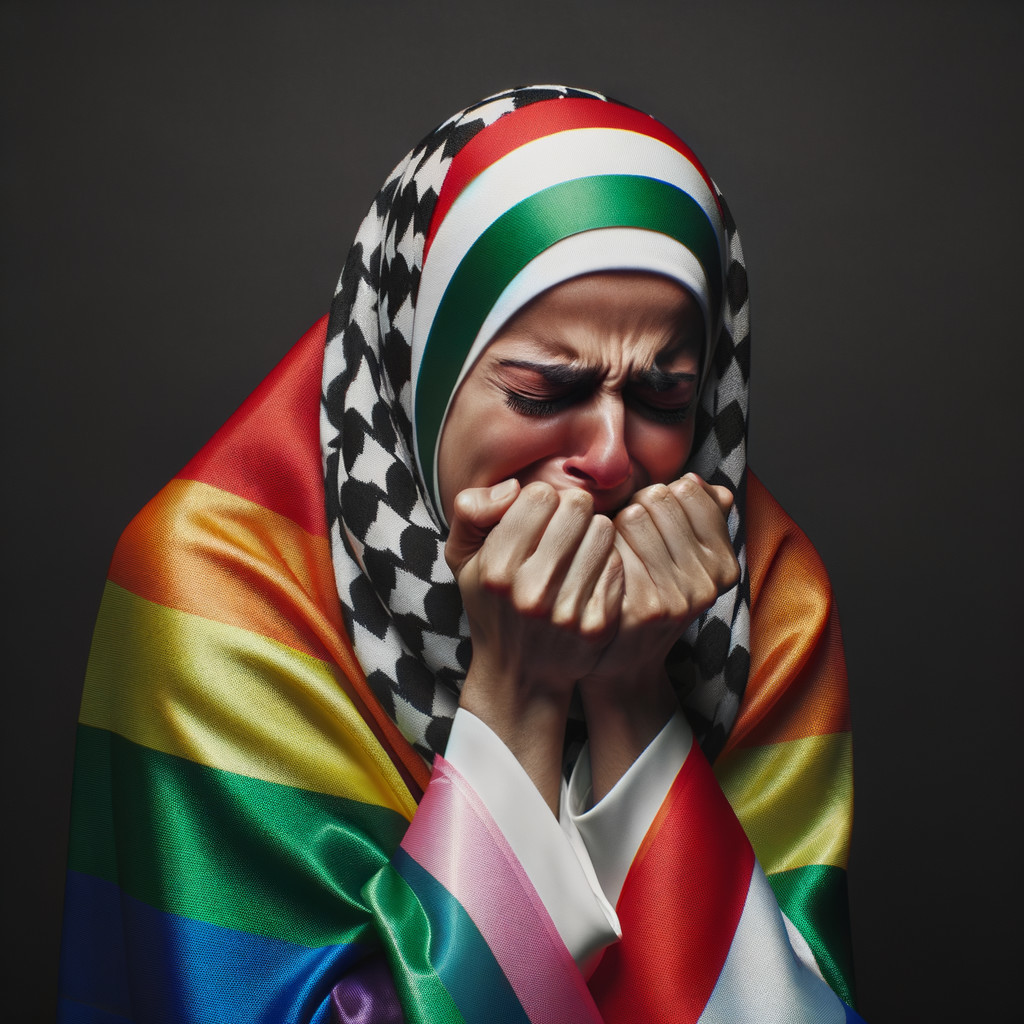 Woman in Rainbow Shawl Expressing Emotional Turmoil