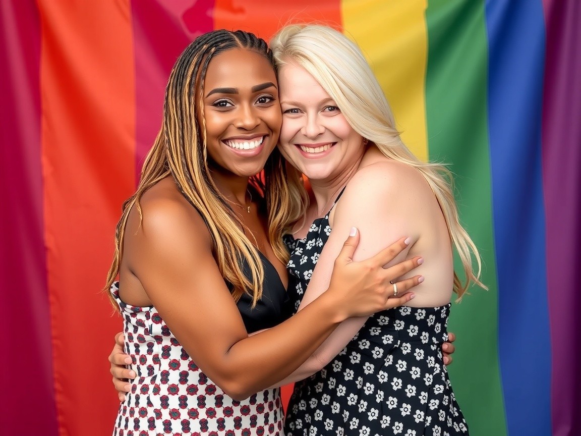 Women Embracing by Rainbow Flag Symbolizing Pride