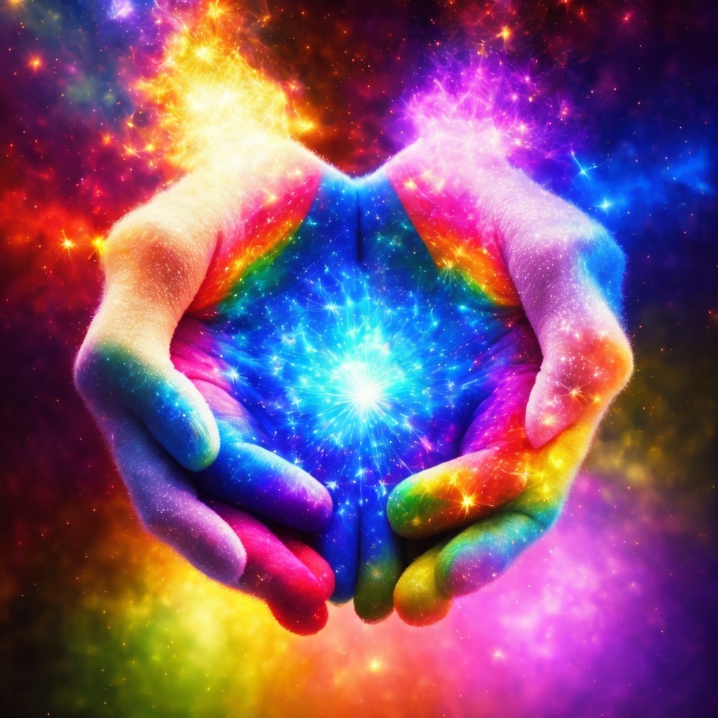 Hands Cradling a Colorful Cosmic Orb in Nebula Background