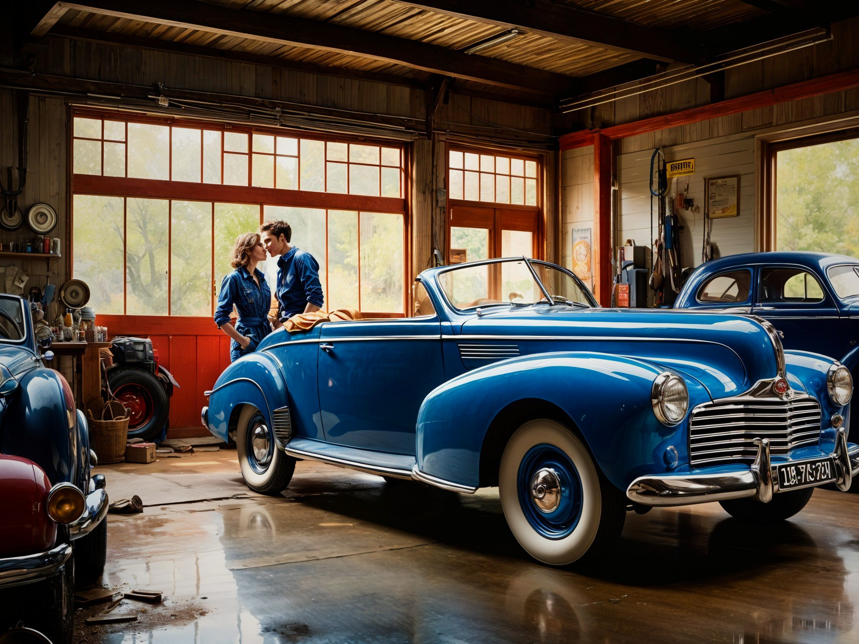 Classic Blue Convertible in Vintage Garage Setting
