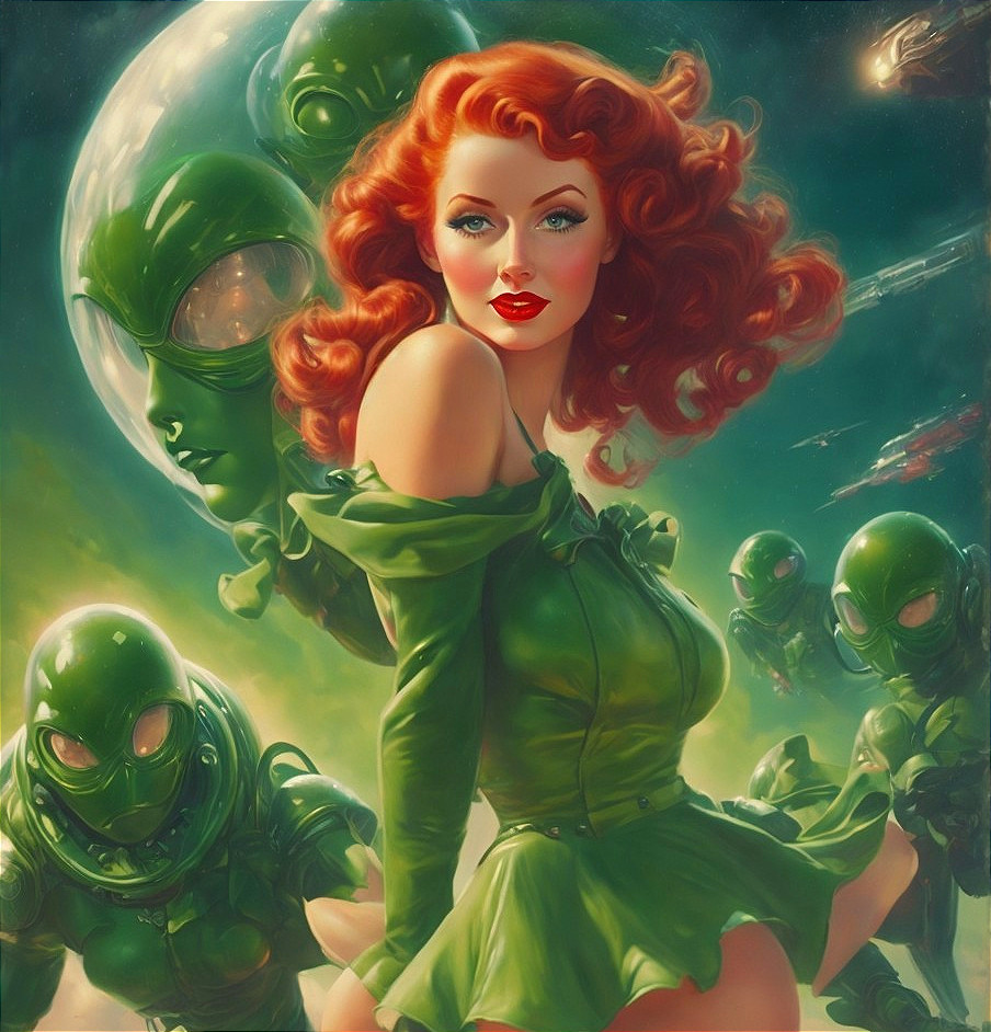 Glamorous Woman in Green with Futuristic Aliens