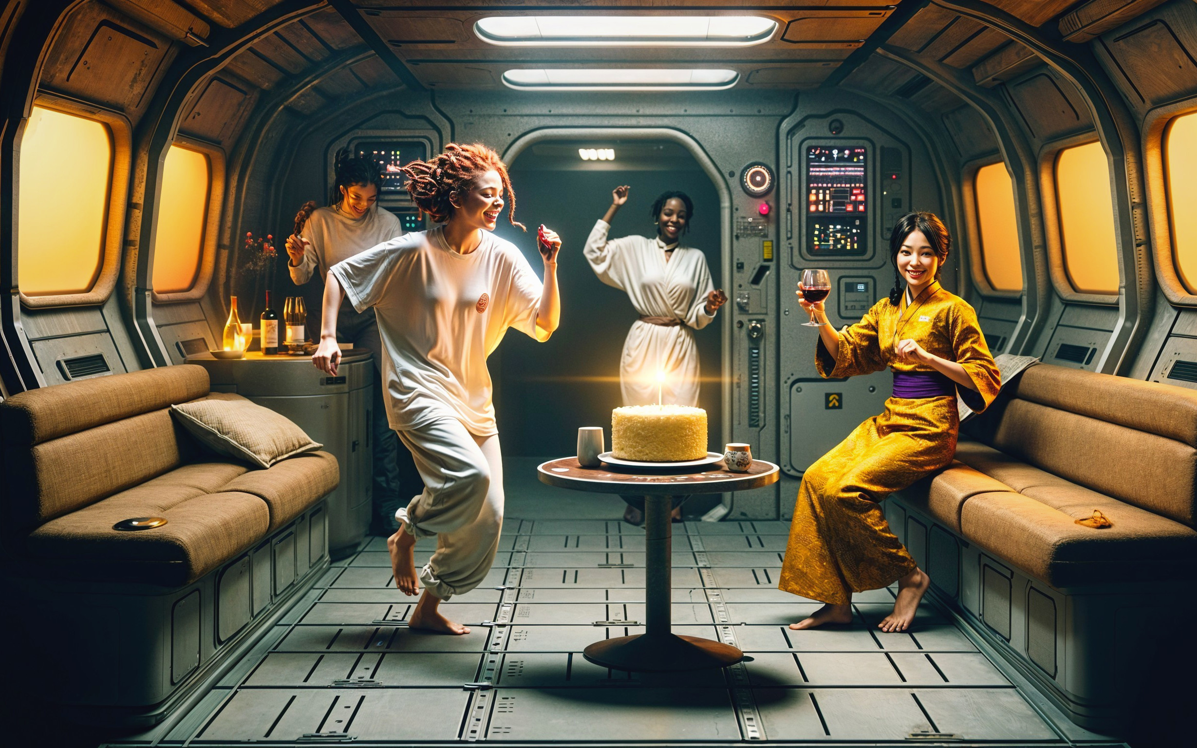 Women Celebrating a Birthday in a Futuristic Spaceship