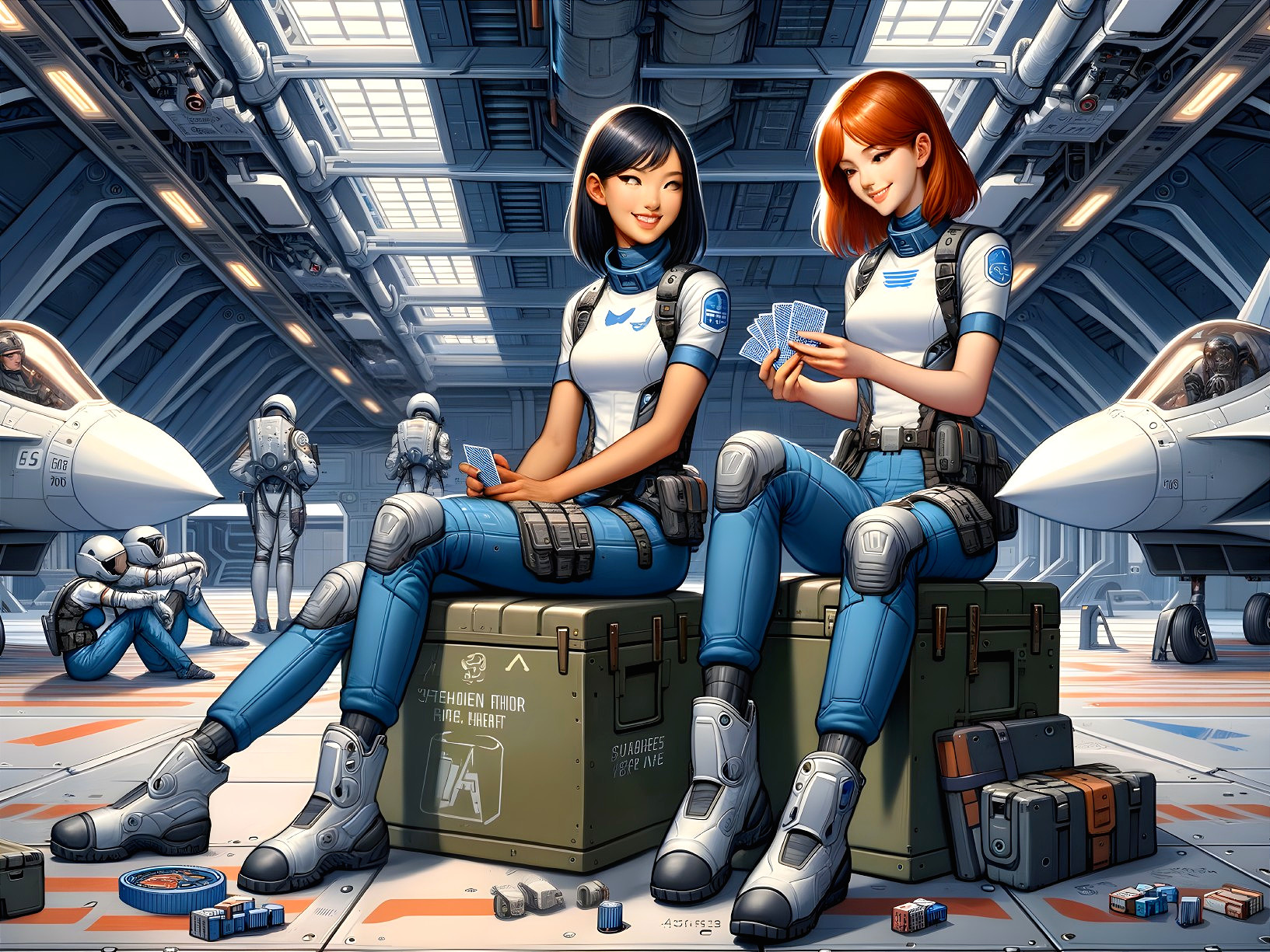 Futuristic Hangar Scene with Women Playing Cards