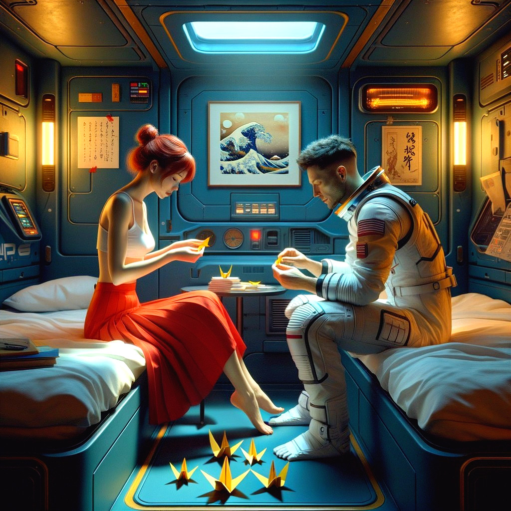 Futuristic Space Cabin with Origami and Asian Art