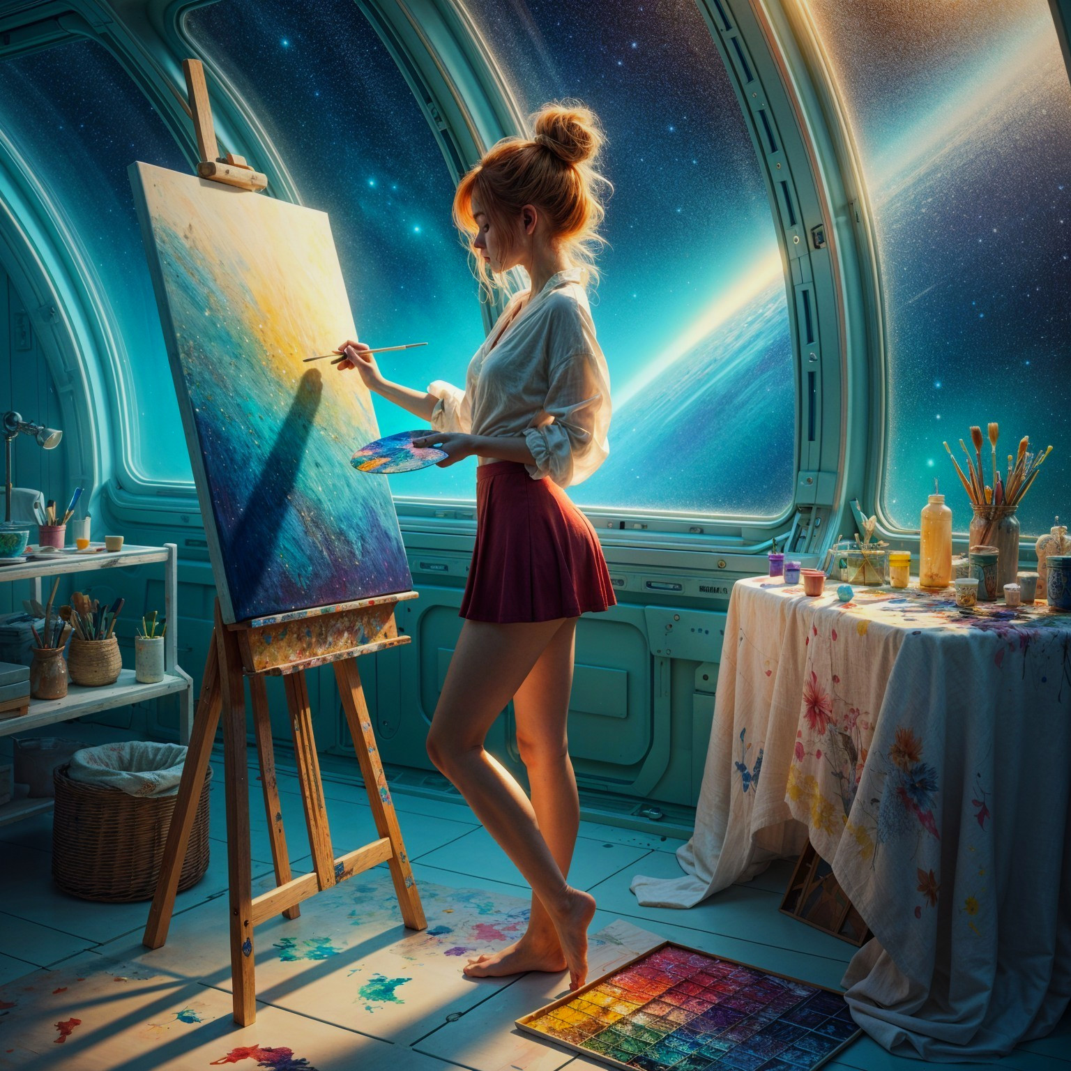 Futuristic Studio Scene with Woman Painting in Space