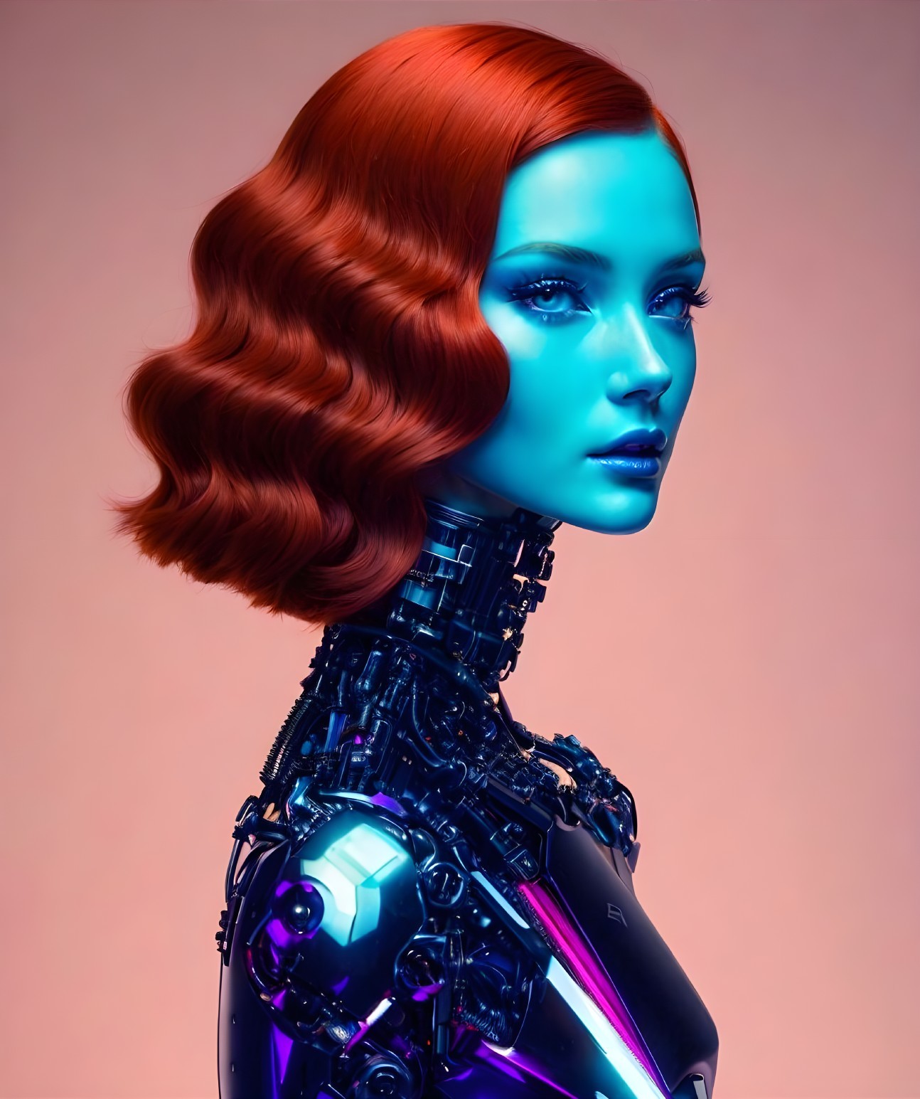 Futuristic Female Robot with Blue Skin and Red Hair