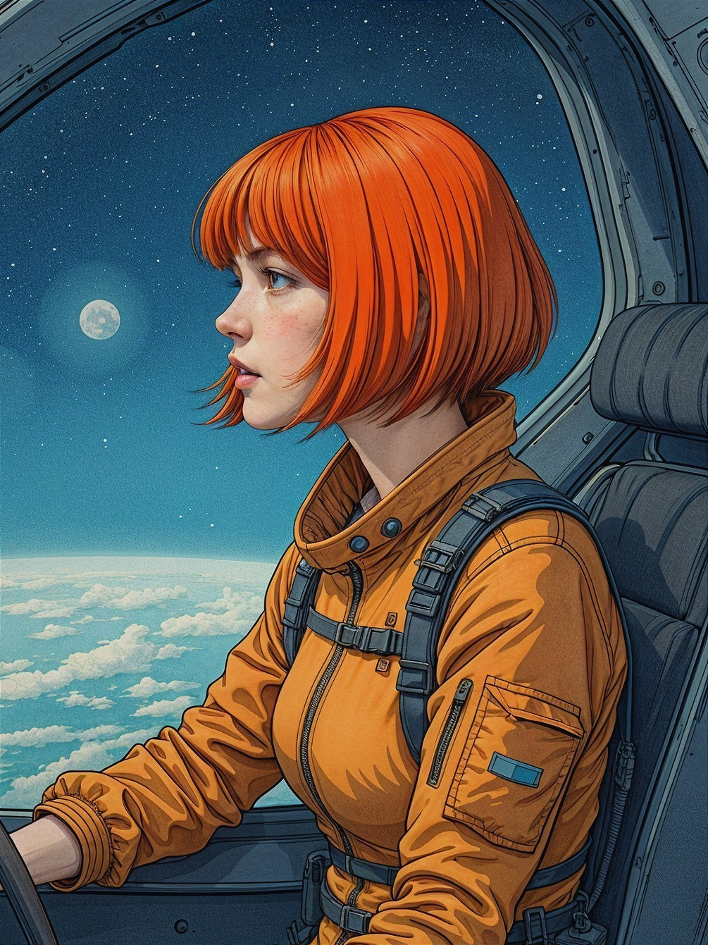 Young Woman in Orange Suit Gazing from Spacecraft