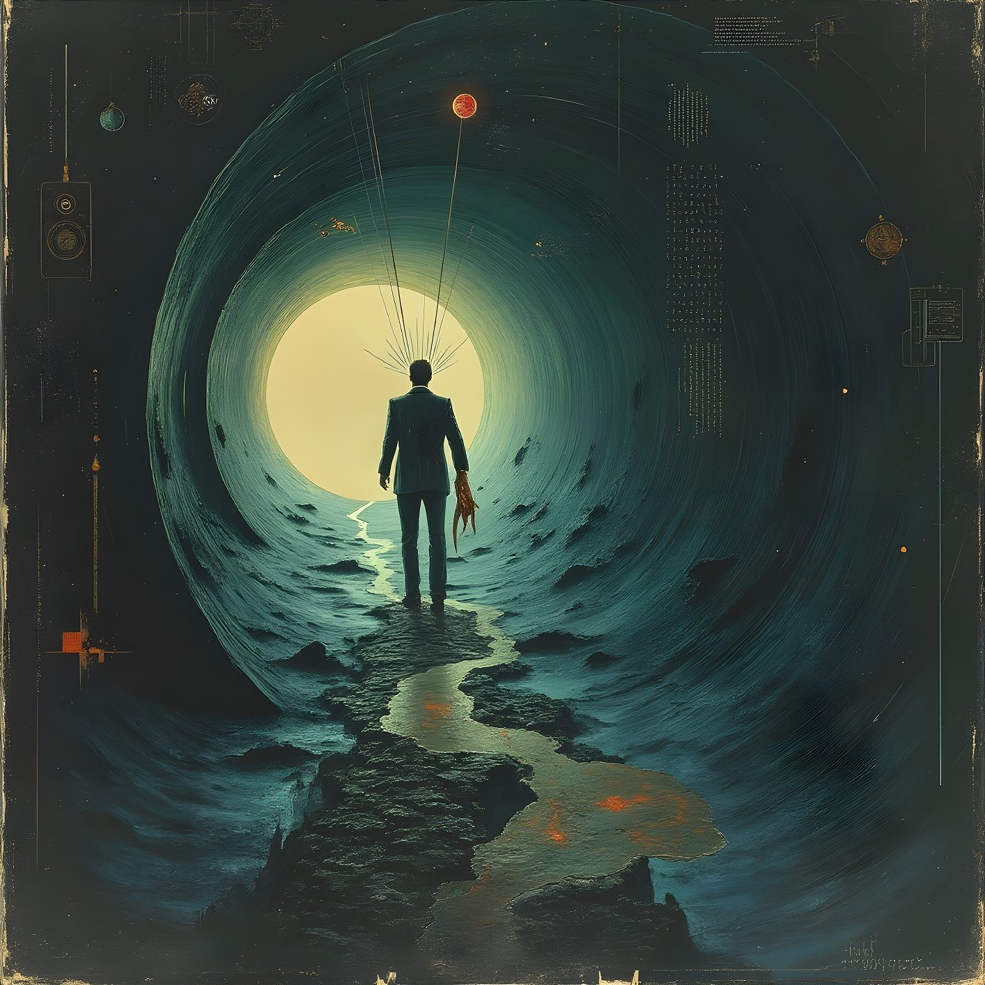 Lone Figure at Edge of Surreal Dark Tunnel