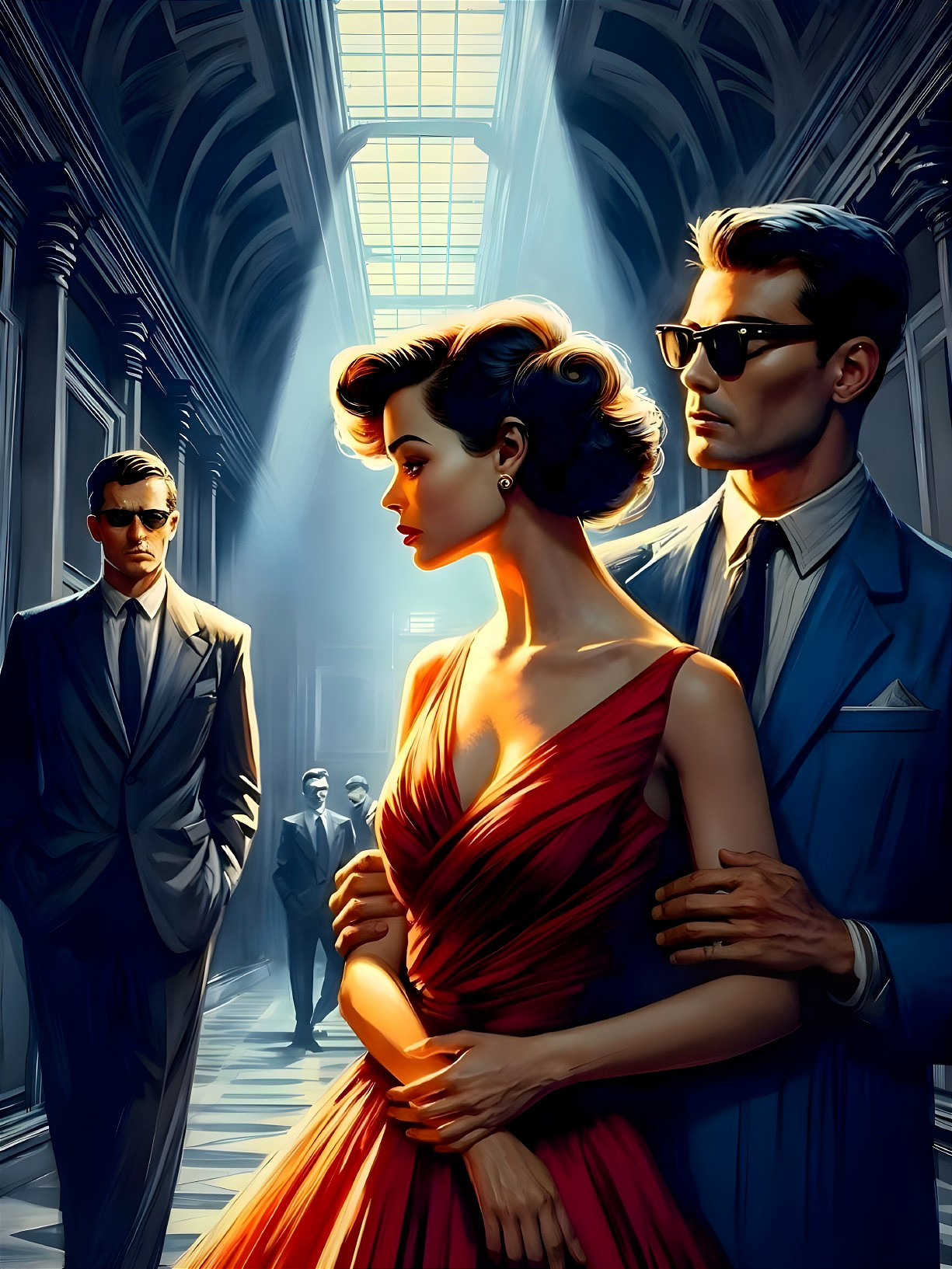 Glamorous Scene in Dimly Lit Gallery with Elegant Figures
