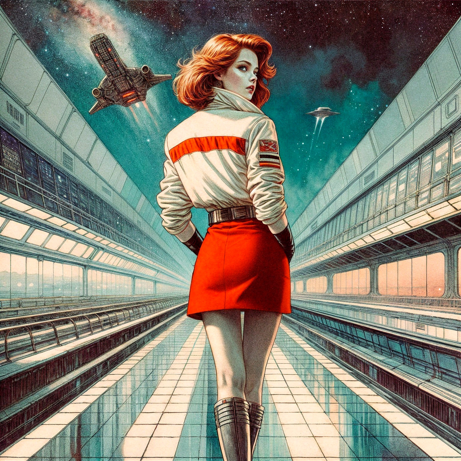 Futuristic Space Station with Confident Woman in Red Skirt