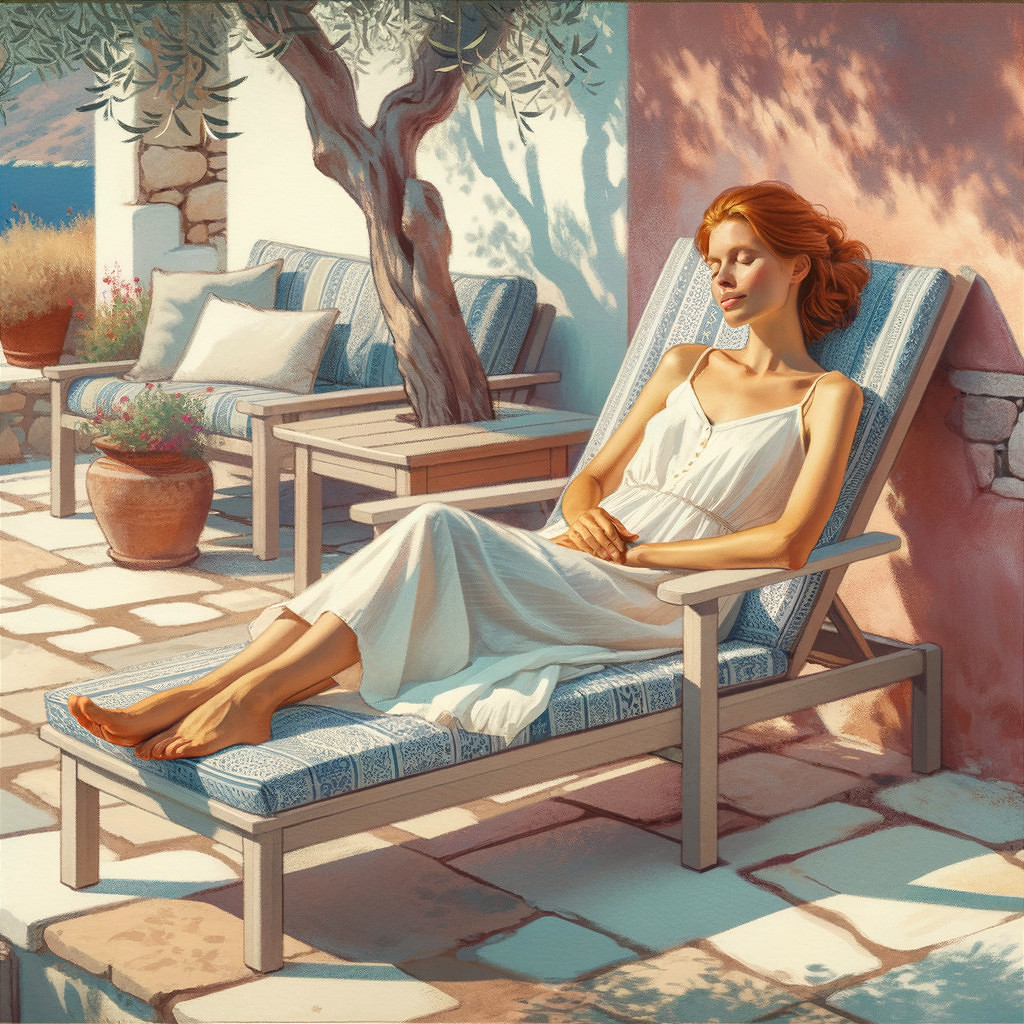 Young Woman Relaxing on Sunlit Patio with Plants