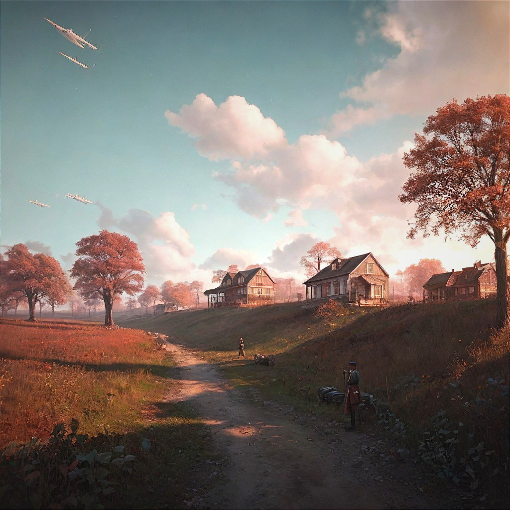 Tranquil Rural Scene with Autumn Trees and Community Life