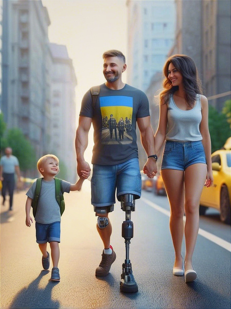 Family Stroll on a Sunny City Street with Vibrant Backdrop