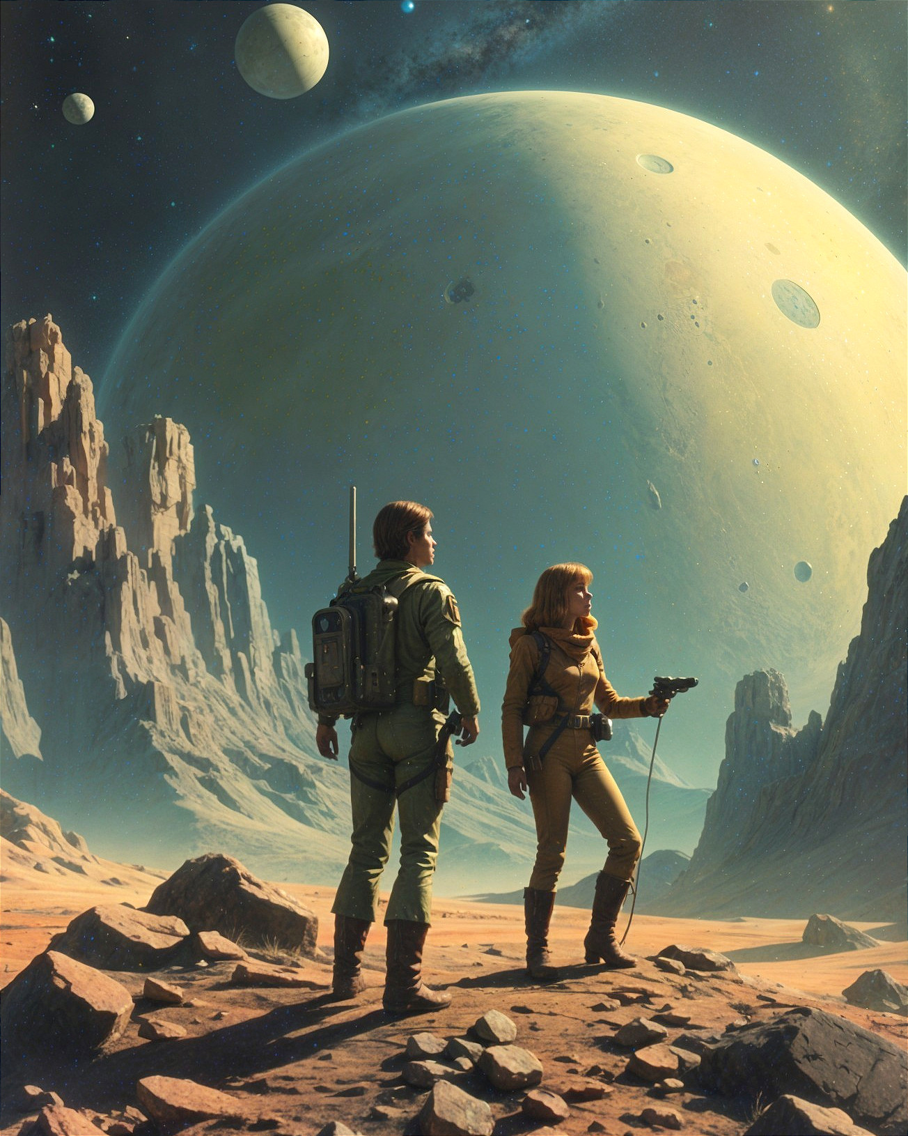 Explorers in Alien Landscape with Colossal Planet View