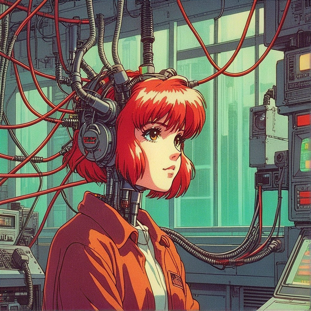 Young woman with red hair in futuristic technology setting
