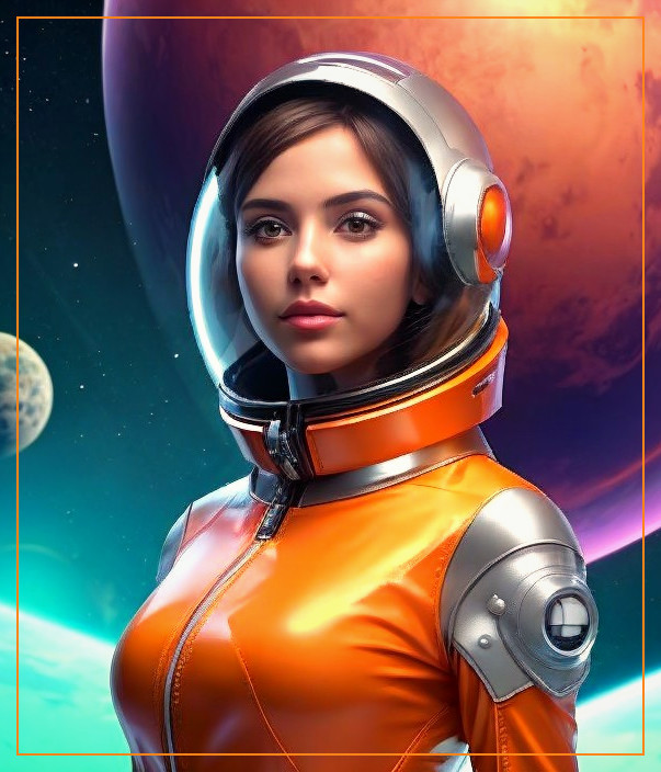 Female Astronaut in Orange Suit Against Cosmic Backdrop