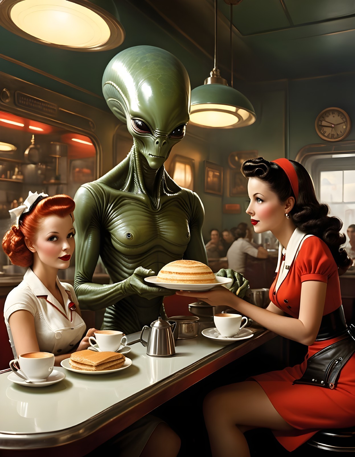 Alien in Retro Diner with Layered Cake and Nurse