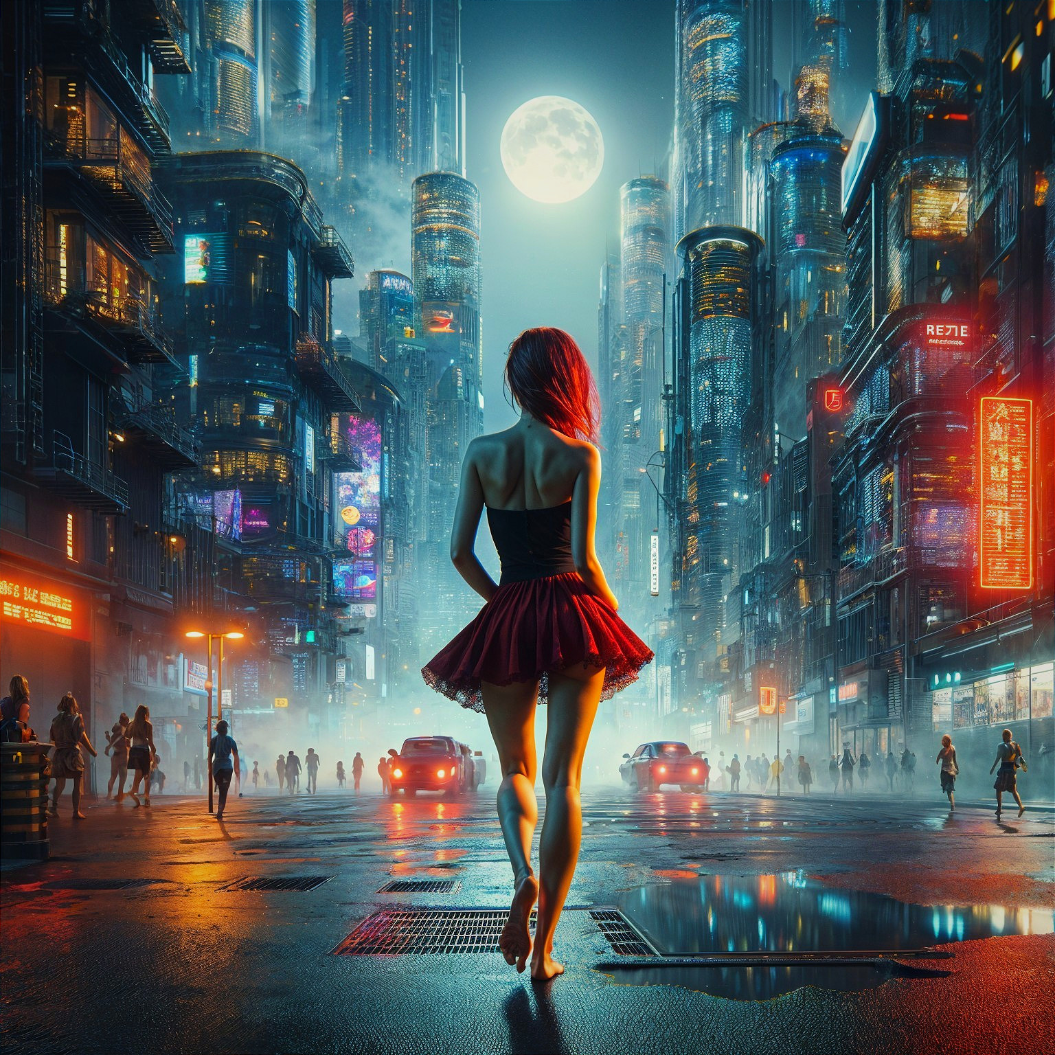 Futuristic Cityscape with Neon Lights and Fog