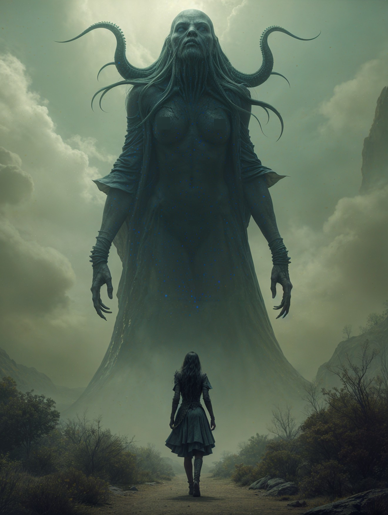 Misty Landscape with Colossal Otherworldly Figure