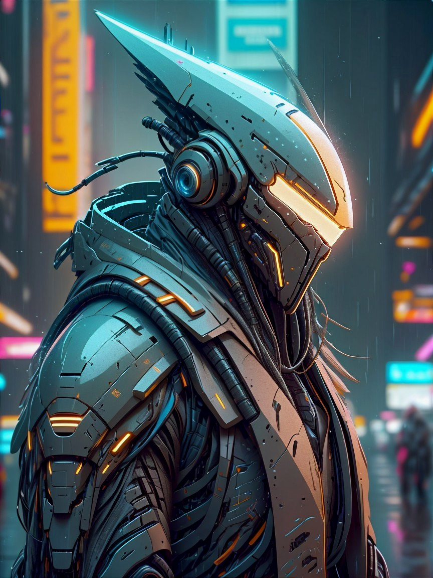 Futuristic humanoid figure in neon-lit cityscape