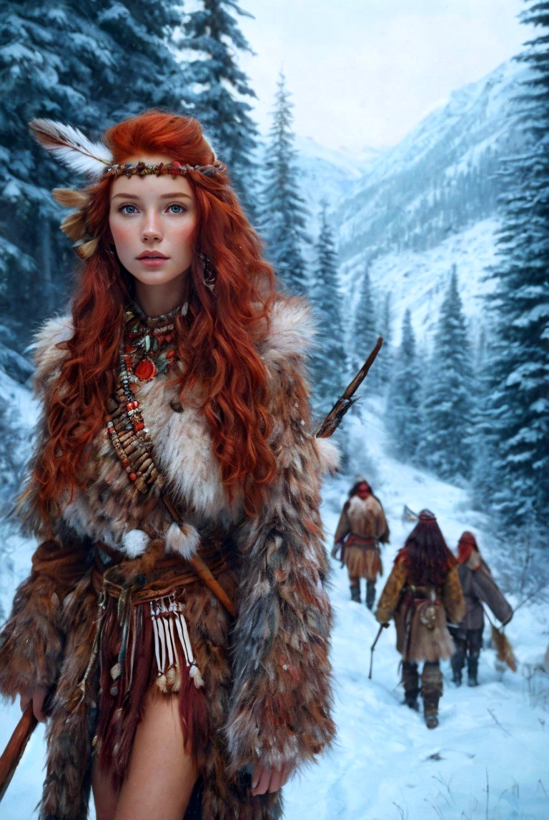 Young woman in fur outfit with bow in snowy landscape
