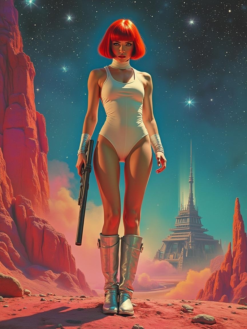 Futuristic Woman in White Bodysuit Against Surreal Landscape