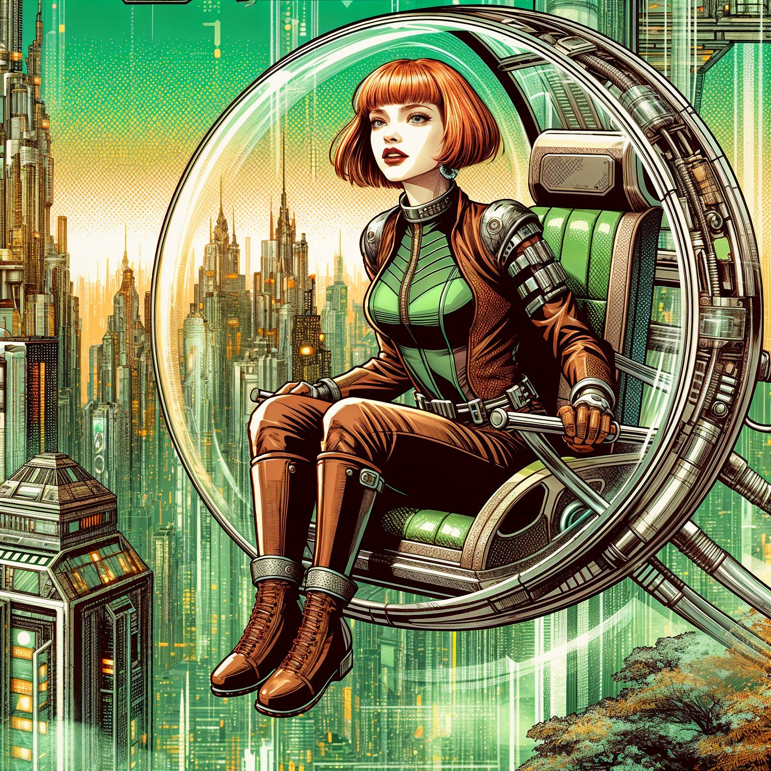 Futuristic City Scene with Woman in Hovercraft