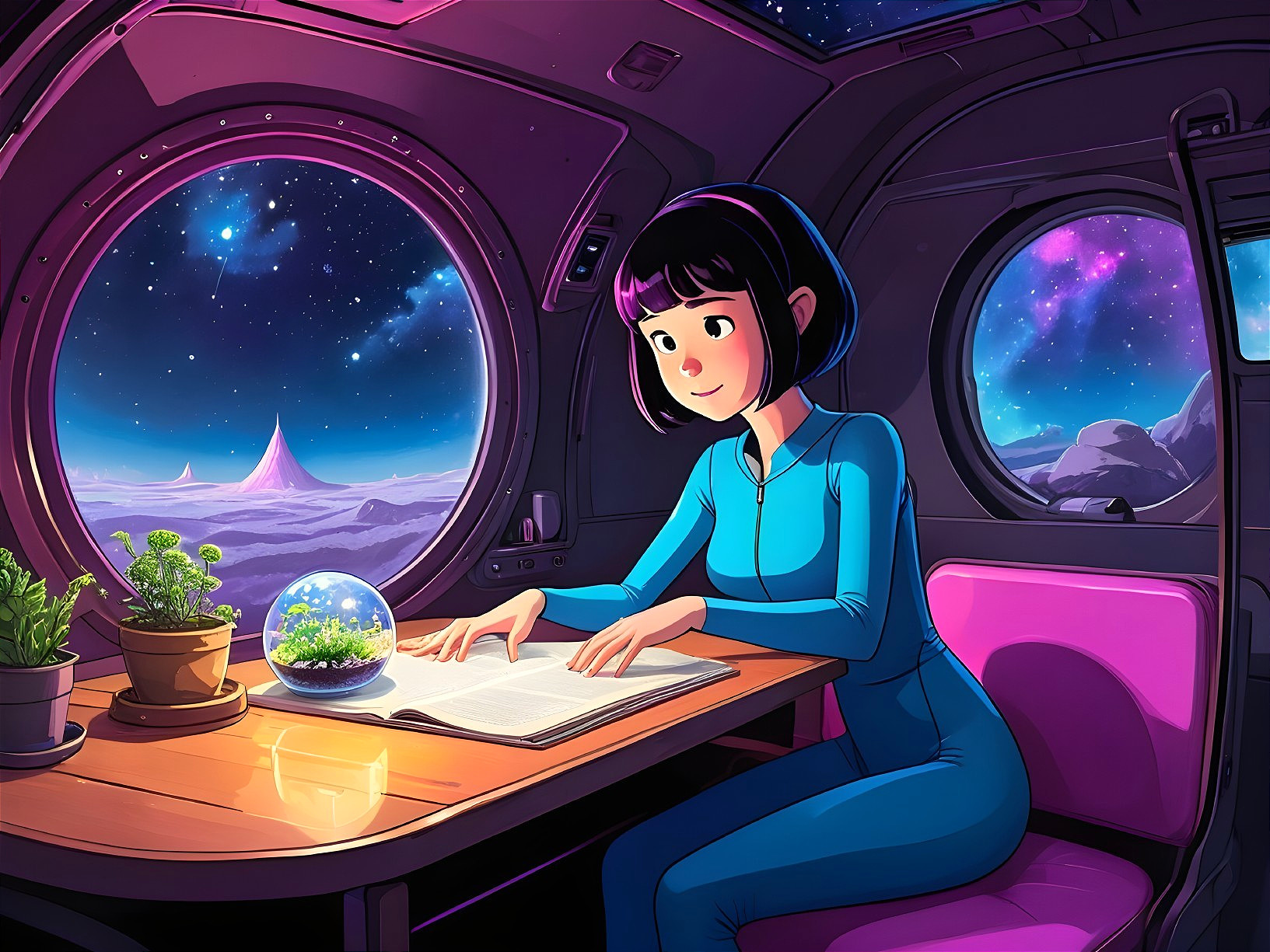 Futuristic space pod with a woman reading by stars