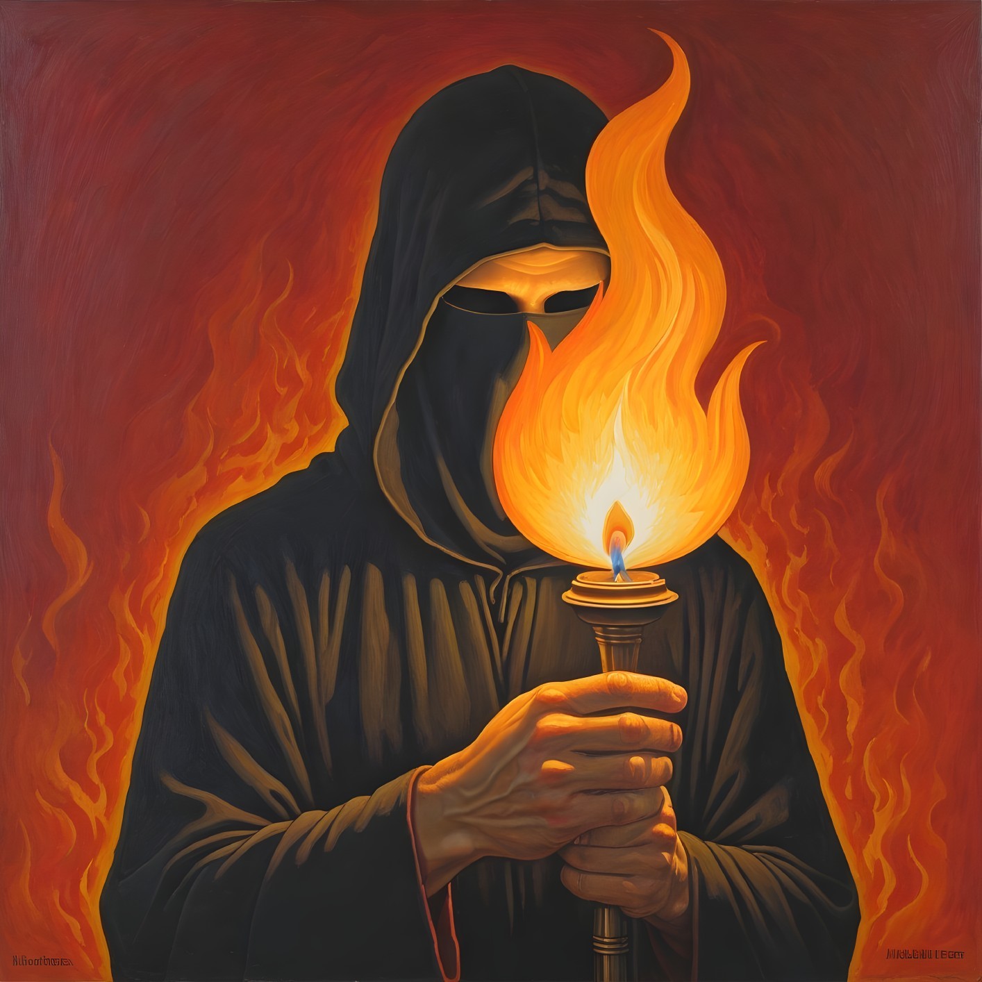 Cloaked Figure with Torch in Fiery Atmosphere