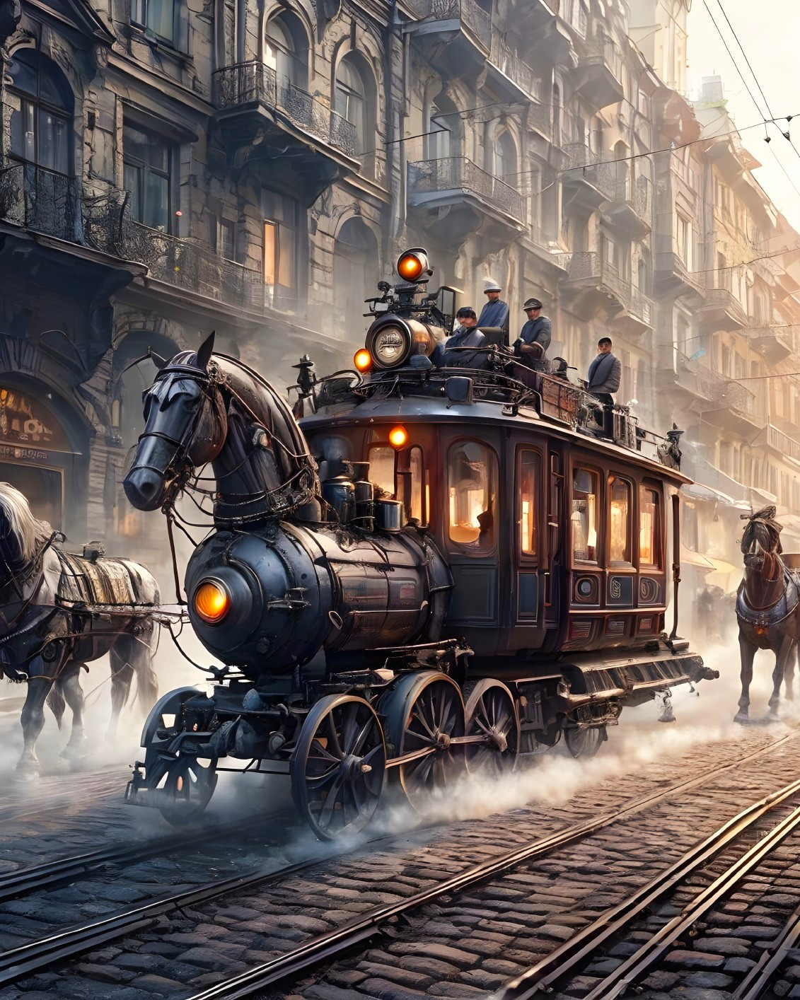 Vintage steam tram on a cobblestone street scene