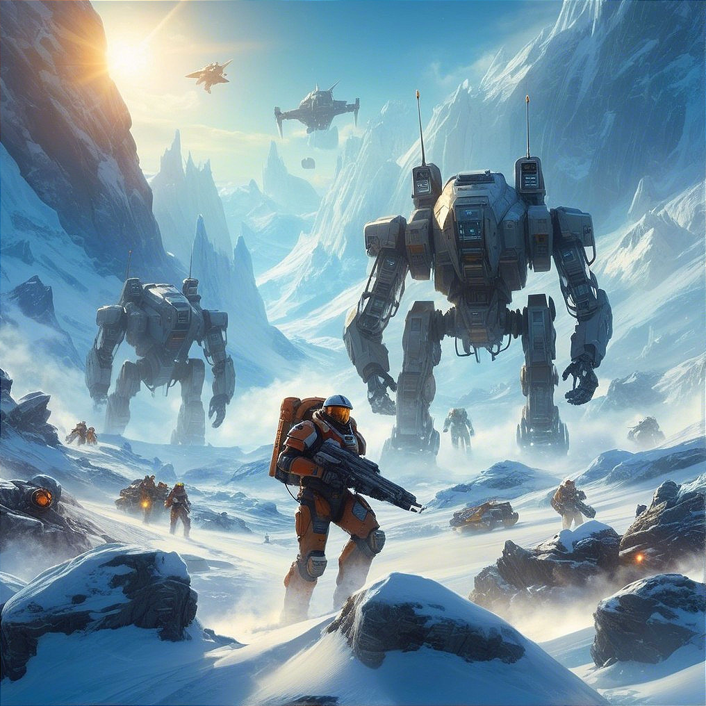Futuristic military operation in a frozen landscape