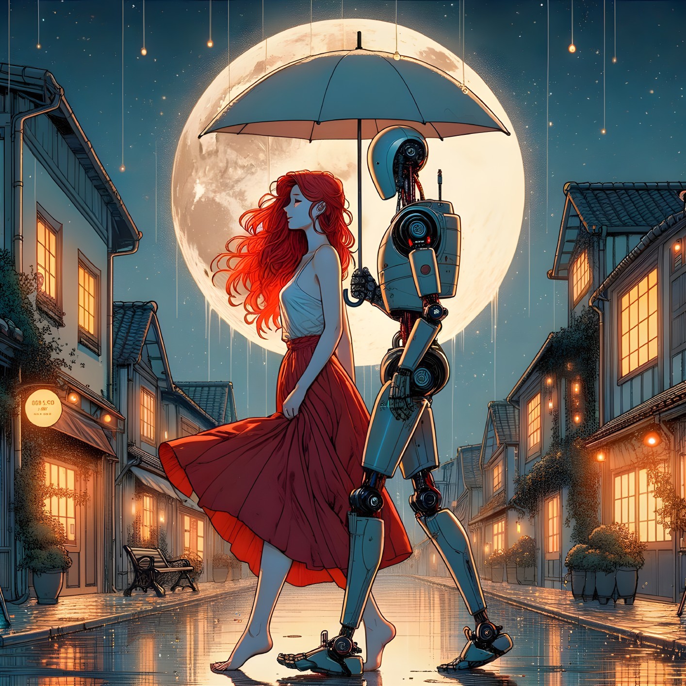 Moonlit Town Scene with Woman and Humanoid Robot