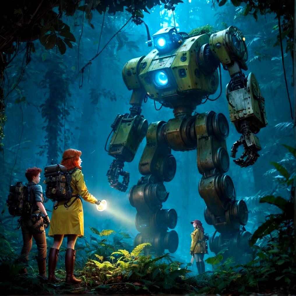 Explorers Encounter Rusty Robot in Lush Jungle Setting