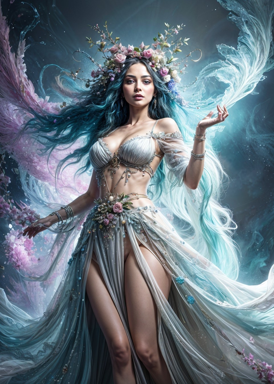 Mystical Figure in Translucent Gown with Floral Crown