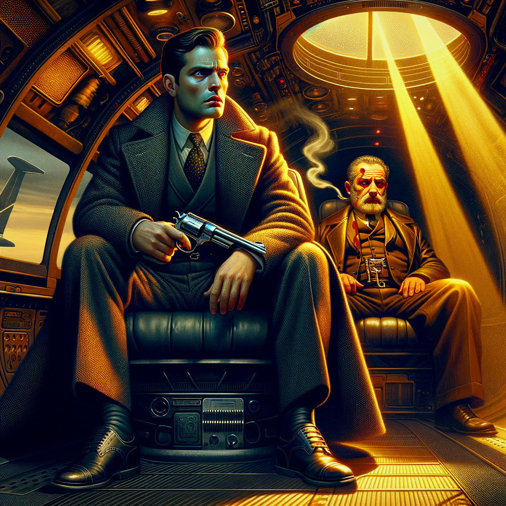 Retro-Futuristic Scene in a Dimly Lit Spacecraft