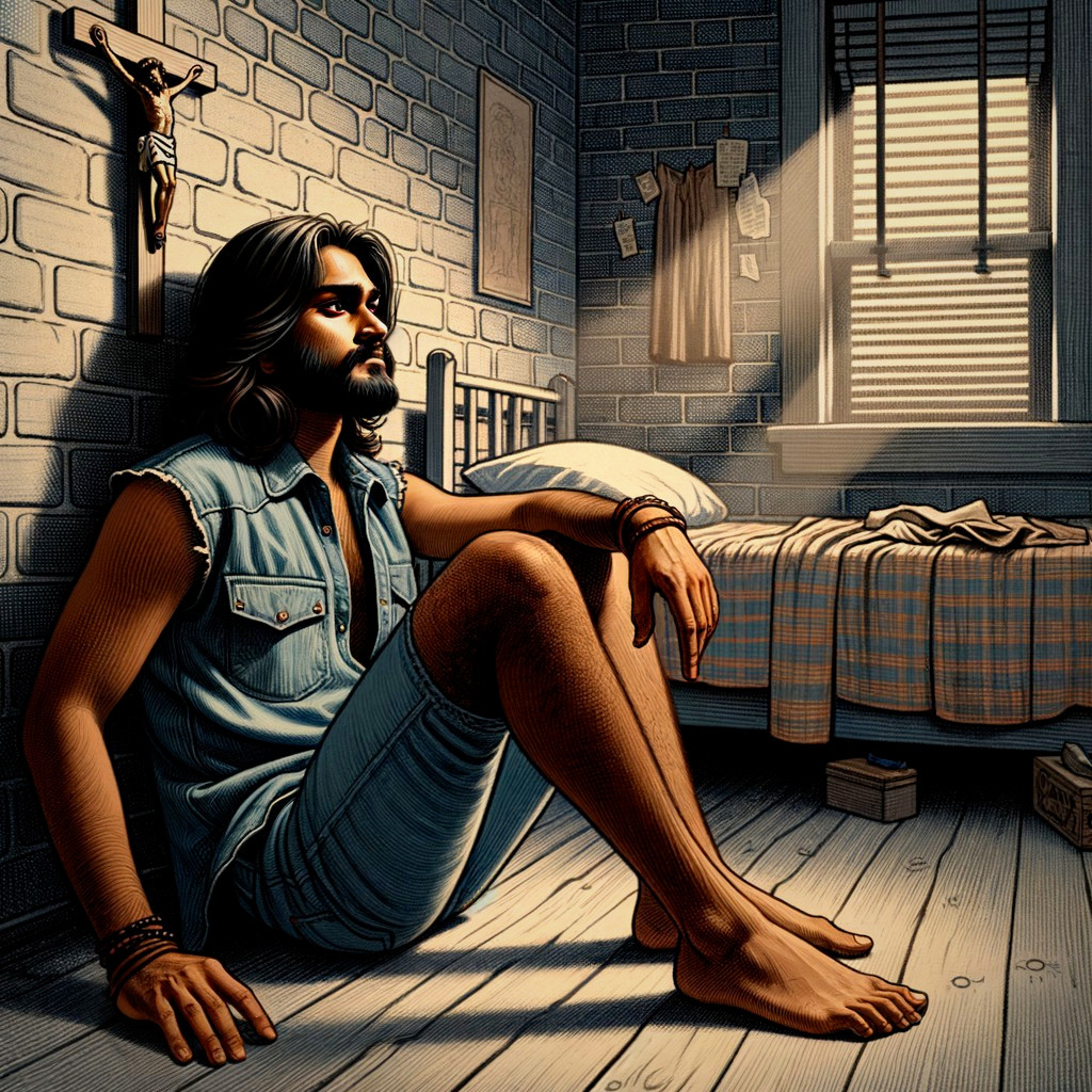 Contemplative Man in Dimly Lit Room with Sunlight