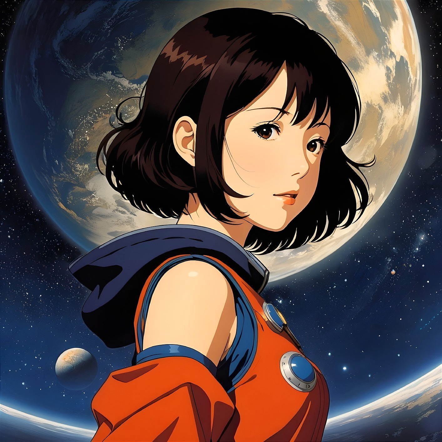 Young Woman in Cosmic Setting with Orange Space Suit