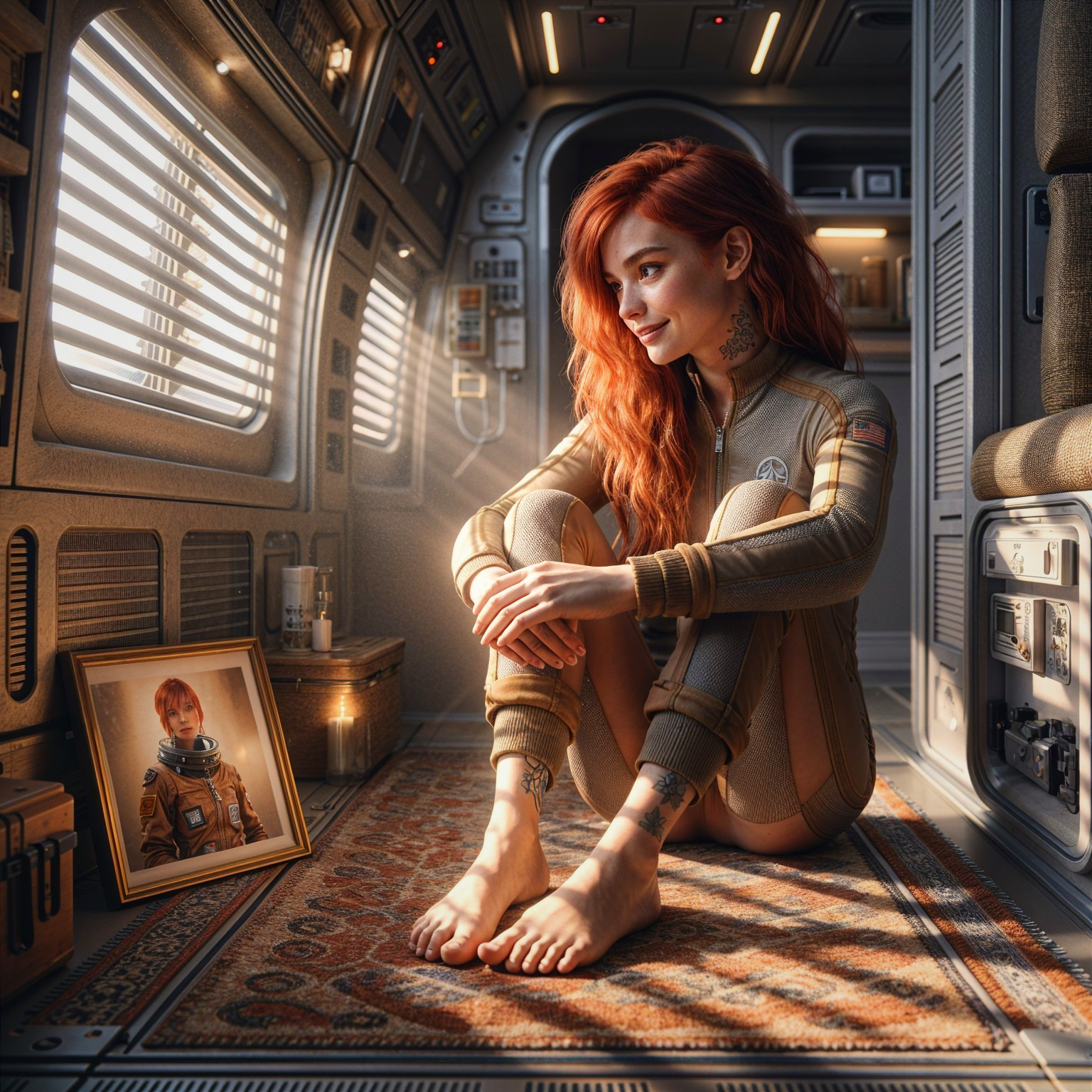 Futuristic spacecraft interior with contemplative woman
