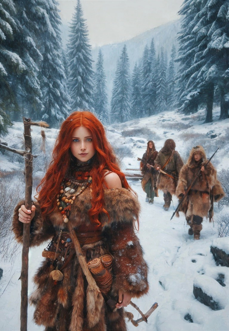 Snowy Forest Scene with Red-Haired Woman and Figures